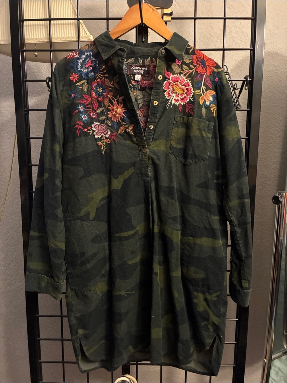 Johnny Was Olive Green Camo Embroidered Midi Dress